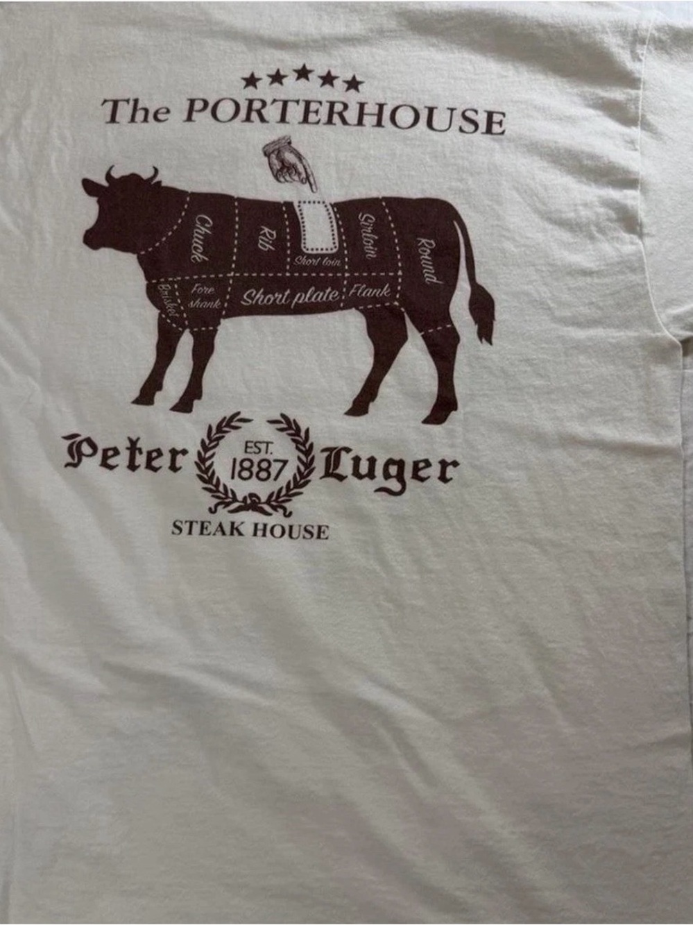 Peter Luger Steak House Porterhouse  T-Shirt Large White Beef Cuts NYC - NEW Lg